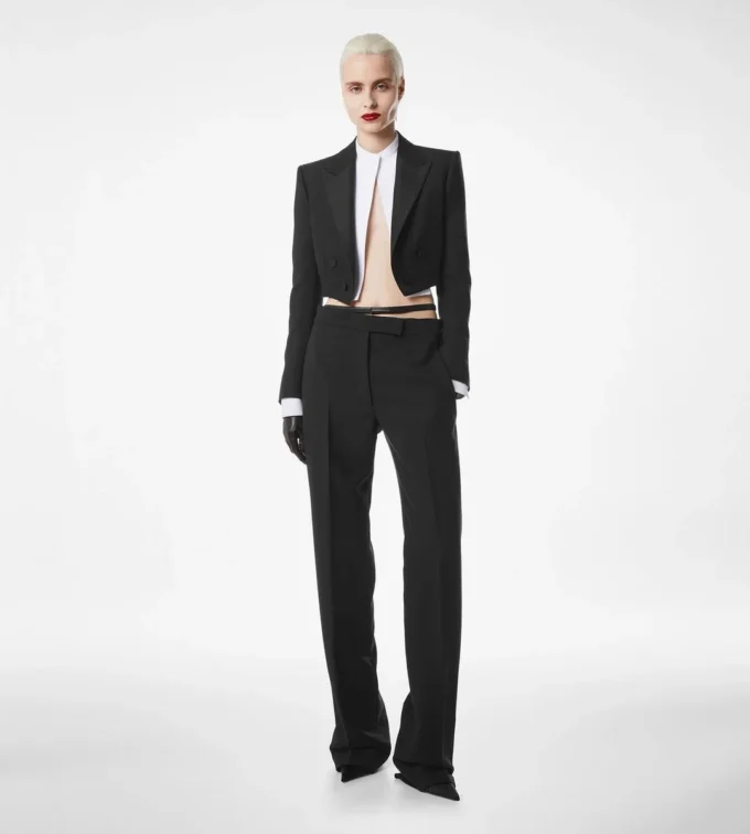 Wool Silk Blend Double Breasted Cropped Tuxedo Jacket