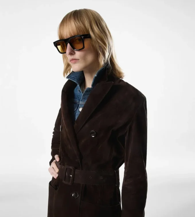Double Breasted Belted Suede Coat