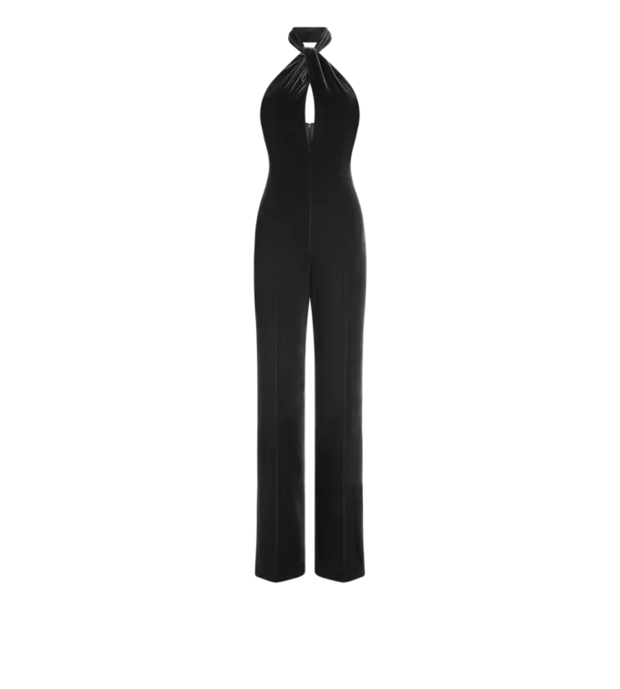 Halterneck Twist Front Velvet Jumpsuit