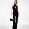 Halterneck Twist Front Velvet Jumpsuit