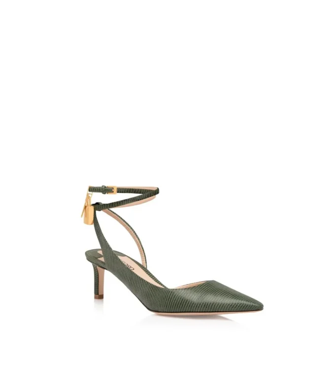 Lizard-Effect Suede Leather Padlock Slingback
