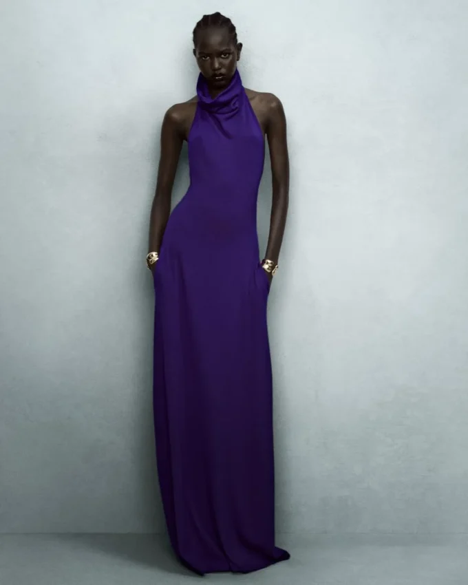 Long Halterneck Dress with Pockets and Open Back