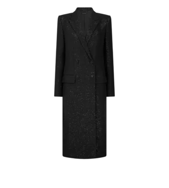 Sequined Wool Blend Crepe Double Breasted Coat