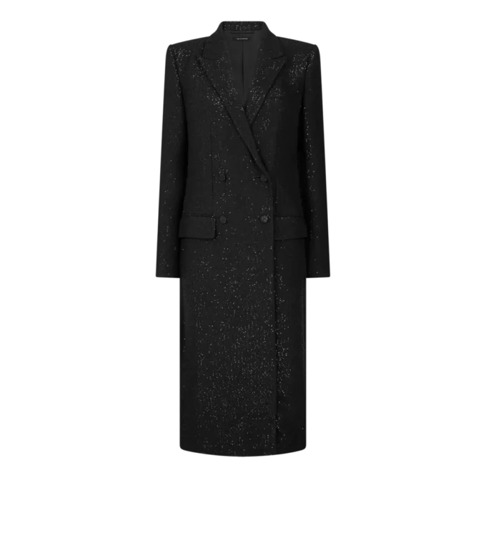 Sequined Wool Blend Crepe Double Breasted Coat