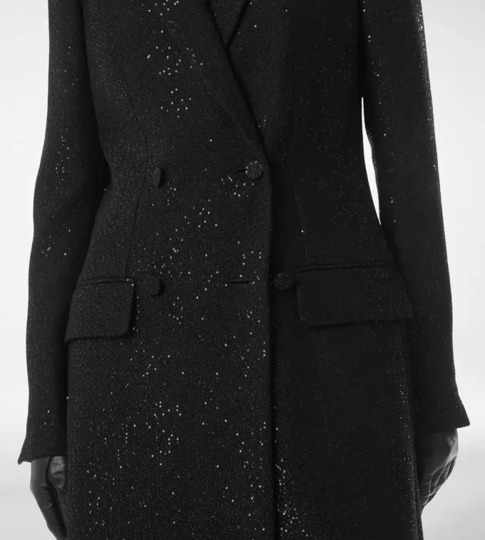 Sequined Wool Blend Crepe Double Breasted Coat