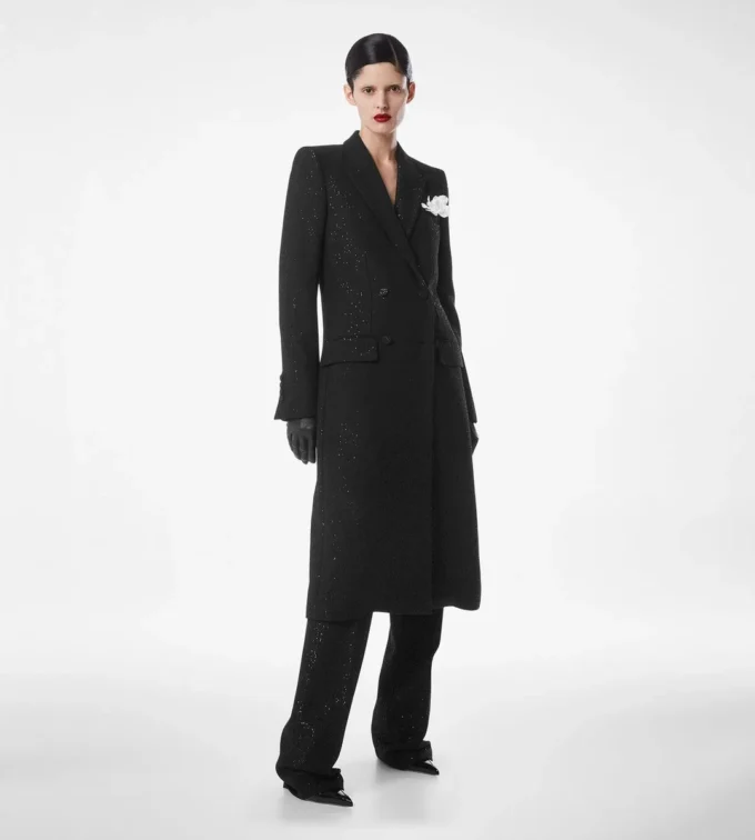 Sequined Wool Blend Crepe Double Breasted Coat
