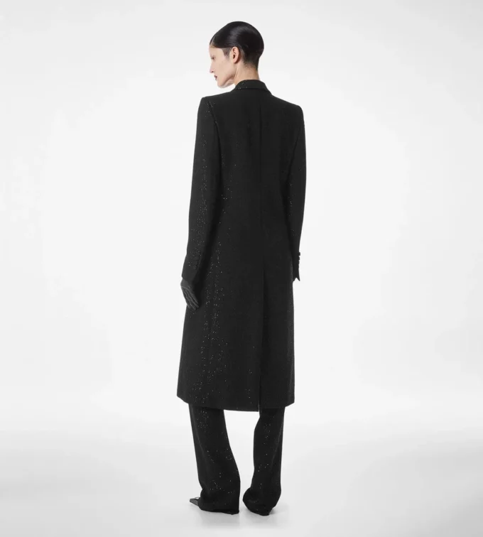 Sequined Wool Blend Crepe Double Breasted Coat