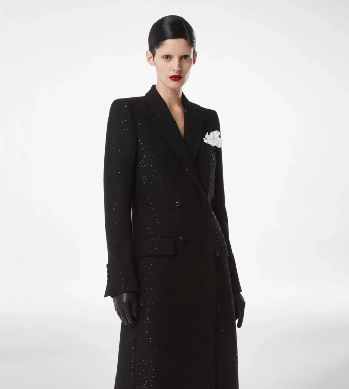 Sequined Wool Blend Crepe Double Breasted Coat