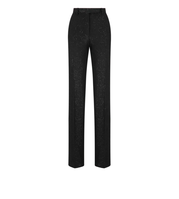 Sequined Wool Blend Crepe Tailored Straight Pants