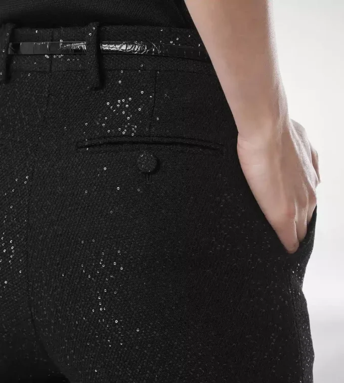 Sequined Wool Blend Crepe Tailored Straight Pants