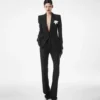 Sequined Wool Blend Crepe Tailored Straight Pants
