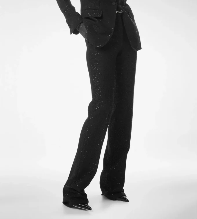Sequined Wool Blend Crepe Tailored Straight Pants