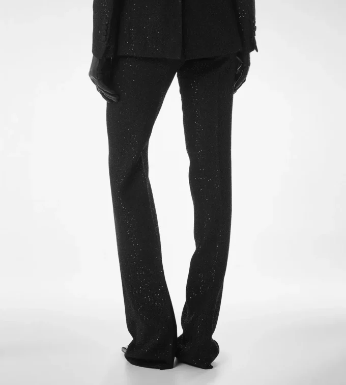 Sequined Wool Blend Crepe Tailored Straight Pants
