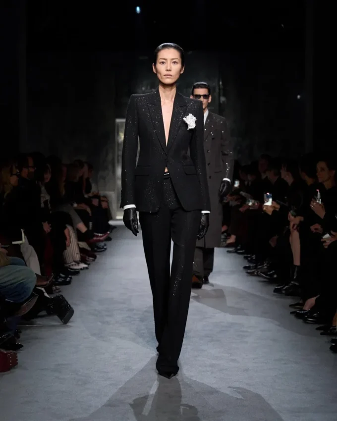 Sequined Wool Blend Crepe Tailored Straight Pants