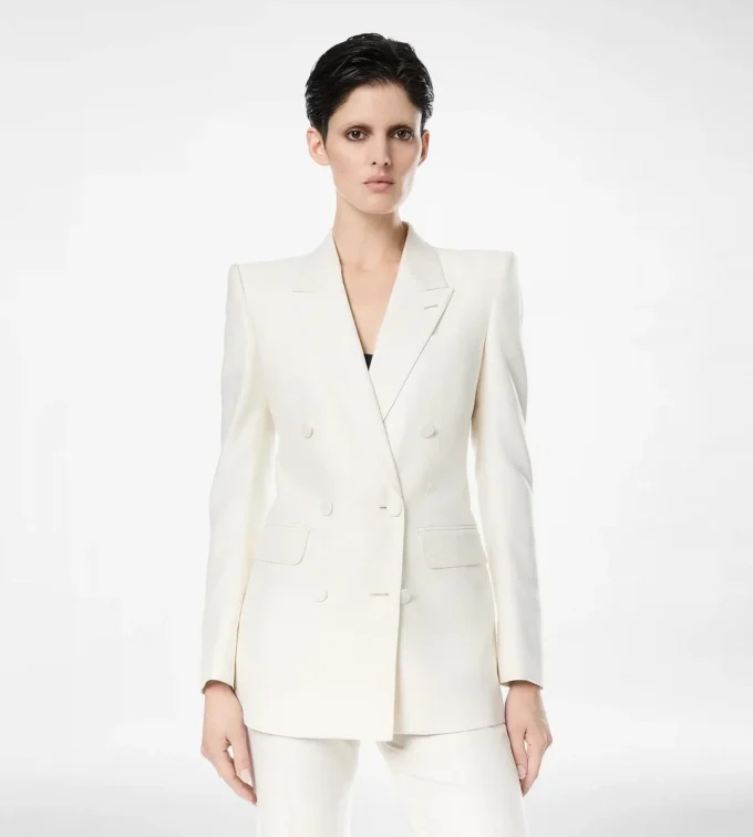 Shadow Stripe Wool Silk Double Breasted Peak Lapel Jacket