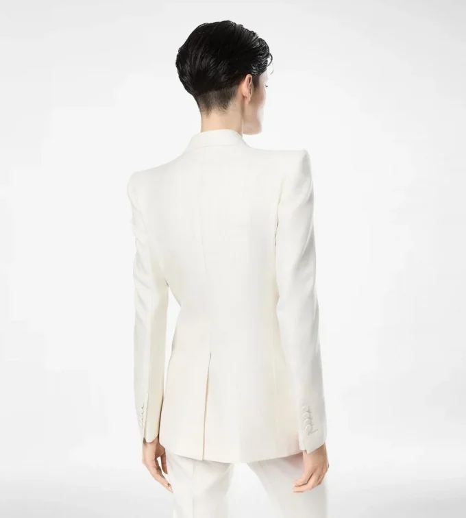 Shadow Stripe Wool Silk Double Breasted Peak Lapel Jacket