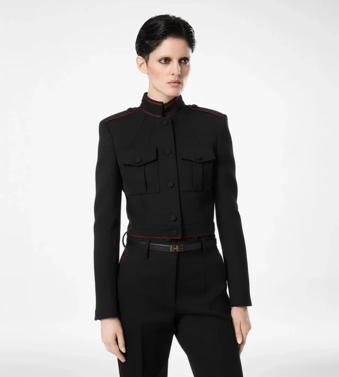 Sharp Wool Gabardine Officer Jacket with Piping