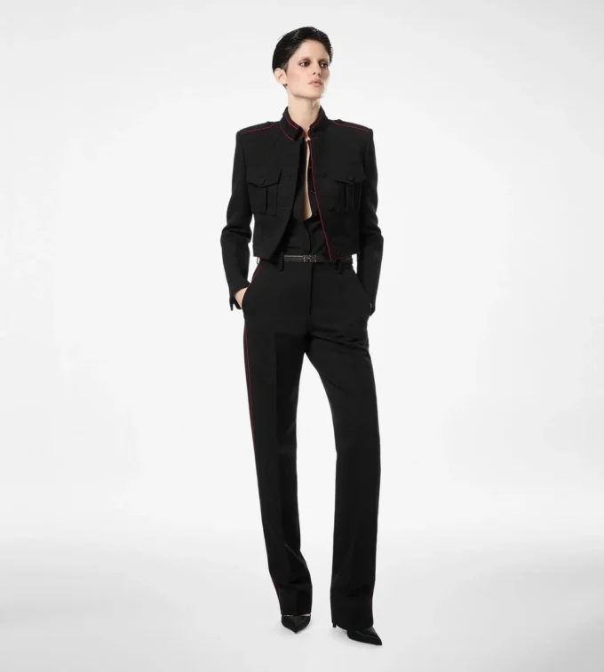 Sharp Wool Gabardine Officer Pants with Piping