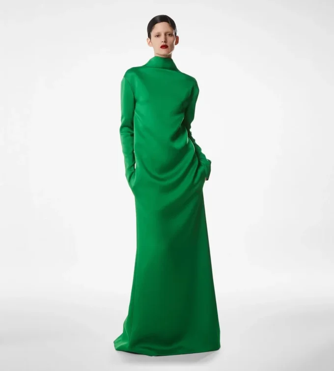 Shiny Crepe Mock Neck Column Evening Dress