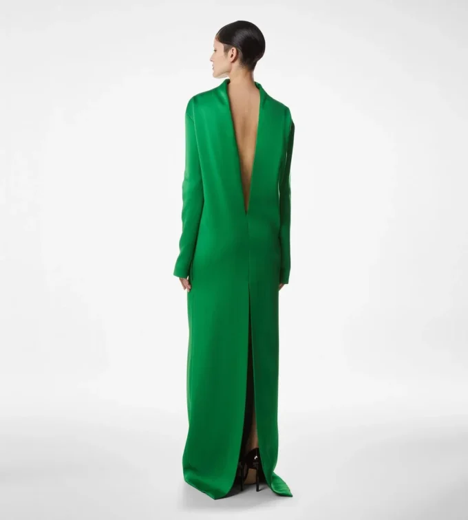Shiny Crepe Mock Neck Column Evening Dress