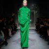 Shiny Crepe Mock Neck Column Evening Dress