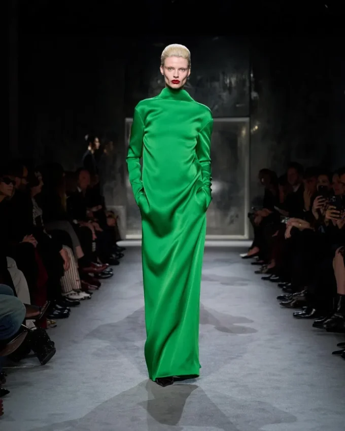 Shiny Crepe Mock Neck Column Evening Dress