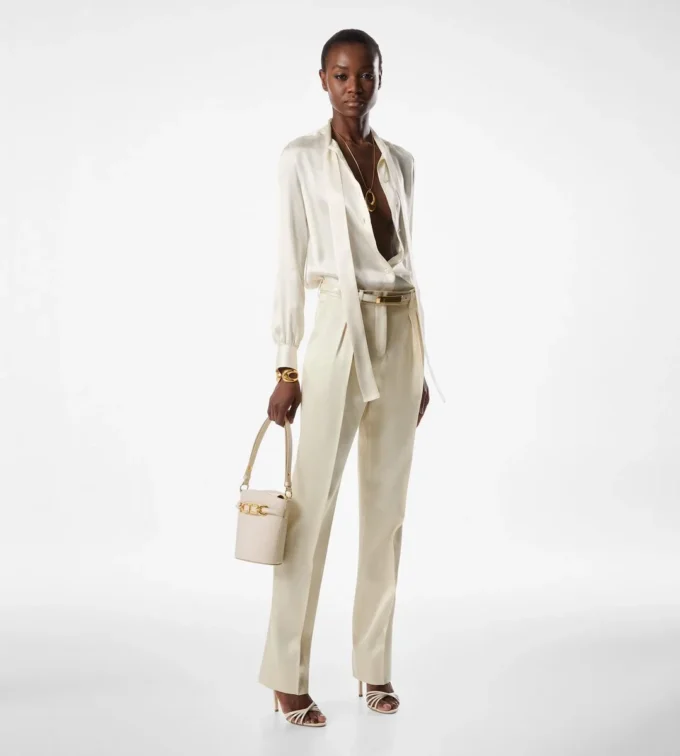 Silk and Wool Twill Tailored Pleated Pants