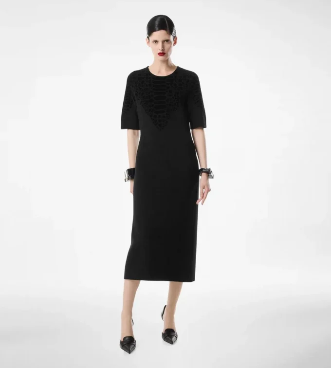 Silk Chenille Embossed Python Crewneck Dress