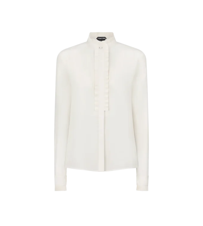 Silk Crepe De Chine Shirt with Plisse Details