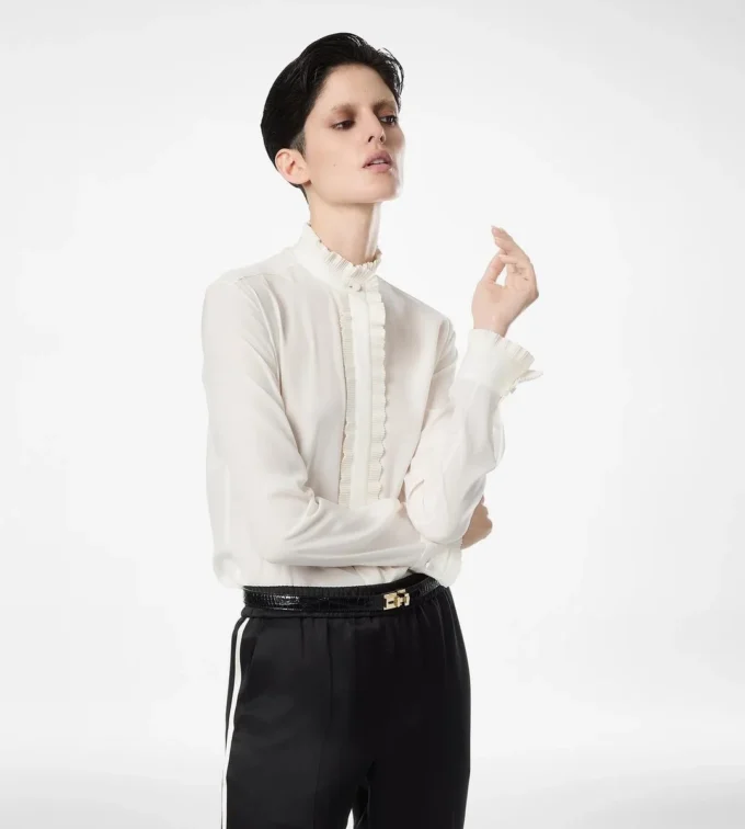 Silk Crepe De Chine Shirt with Plisse Details