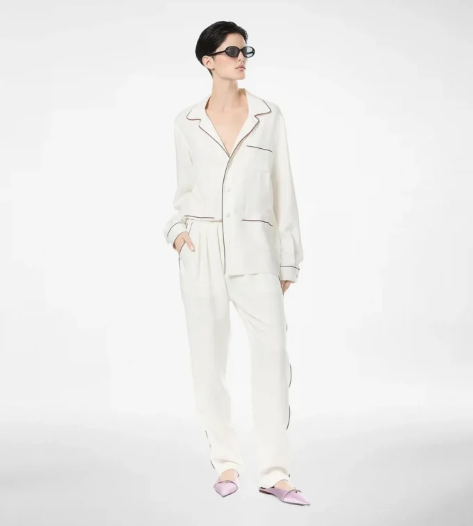 Silk Twill Pj Shirt with Piping and Tonal Tf Embroidered Logo