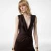 Sleeveless Deep V-Neck Twist Front Silk Evening Dress
