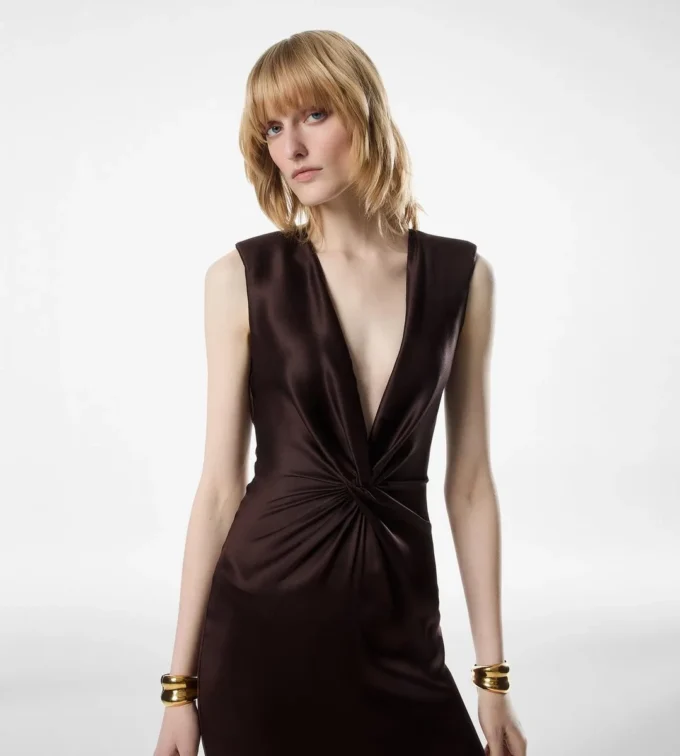 Sleeveless Deep V-Neck Twist Front Silk Evening Dress