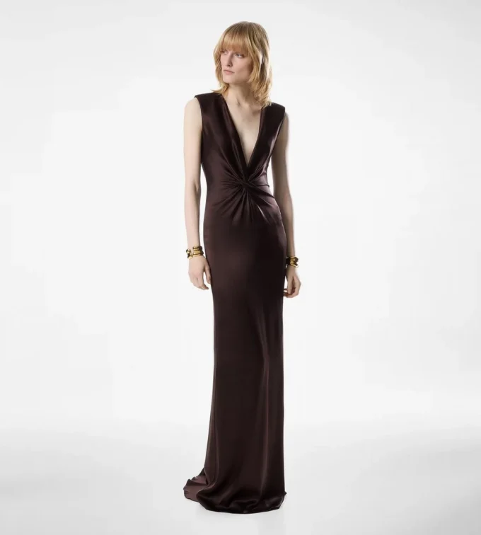 Sleeveless Deep V-Neck Twist Front Silk Evening Dress