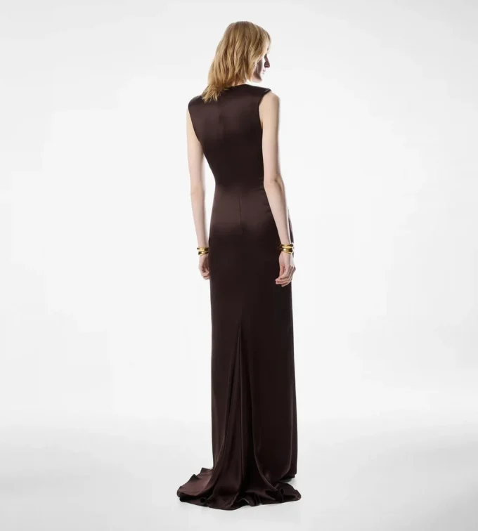 Sleeveless Deep V-Neck Twist Front Silk Evening Dress