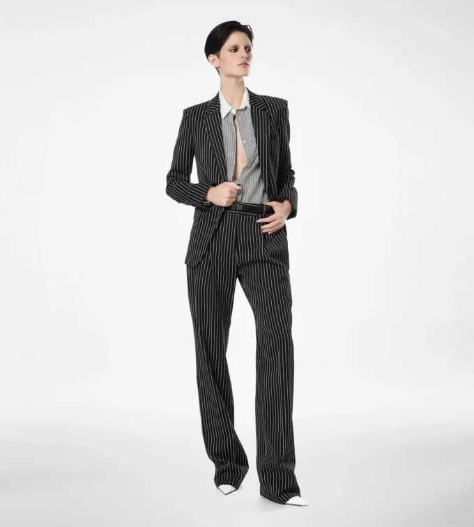 Striped Wool Cotton Barathea Relaxed Pleated Straight Pants