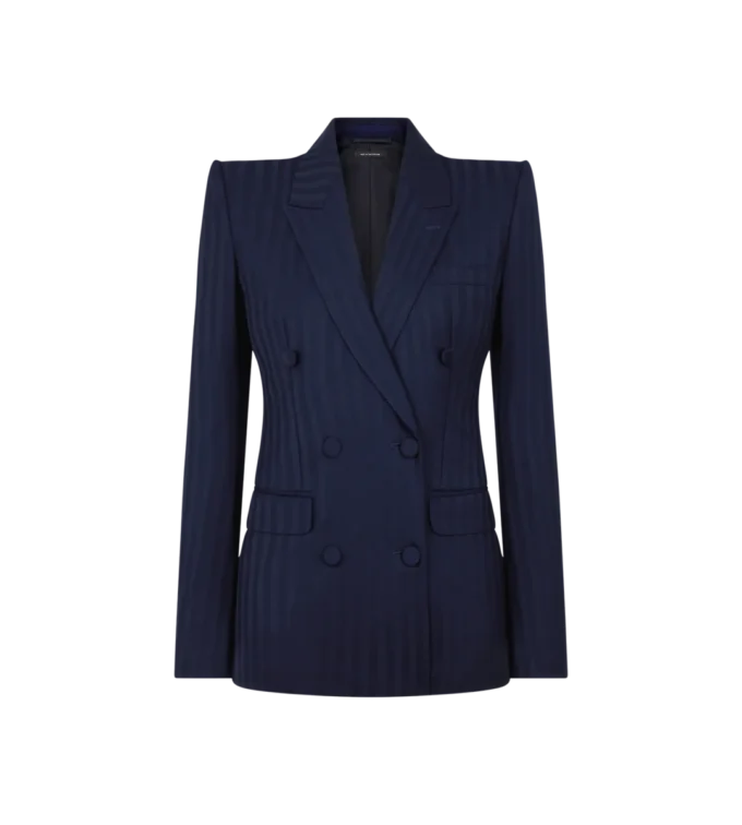 Tonal Stripe Virgin Wool Double Breasted Peak Lapel Jacket
