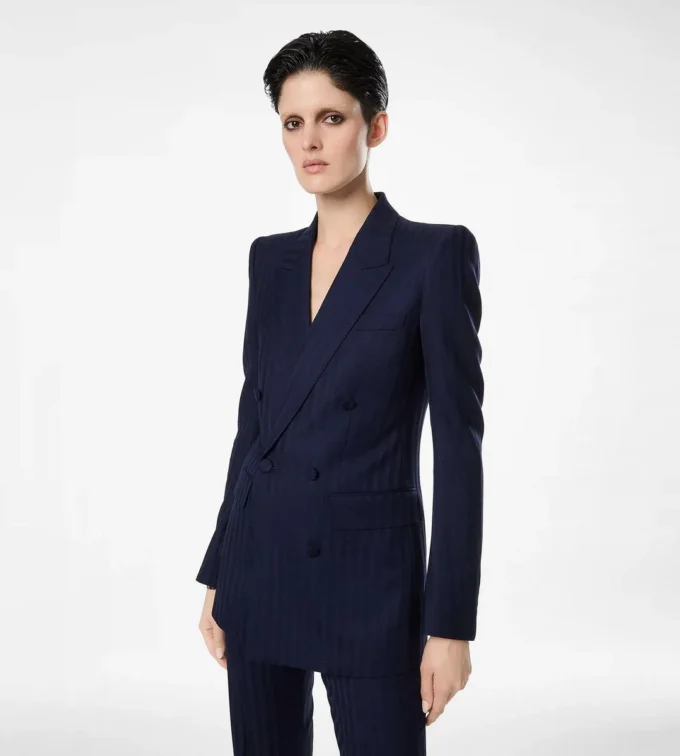 Tonal Stripe Virgin Wool Double Breasted Peak Lapel Jacket