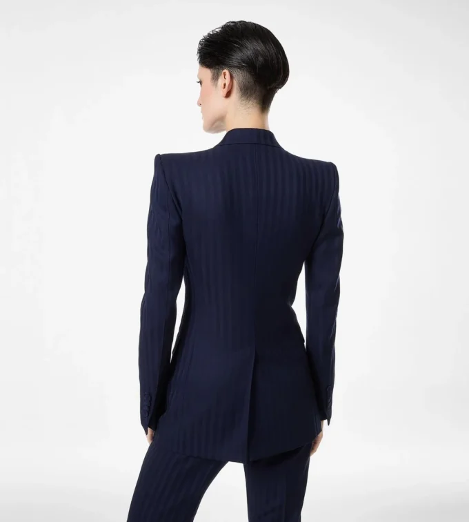Tonal Stripe Virgin Wool Double Breasted Peak Lapel Jacket