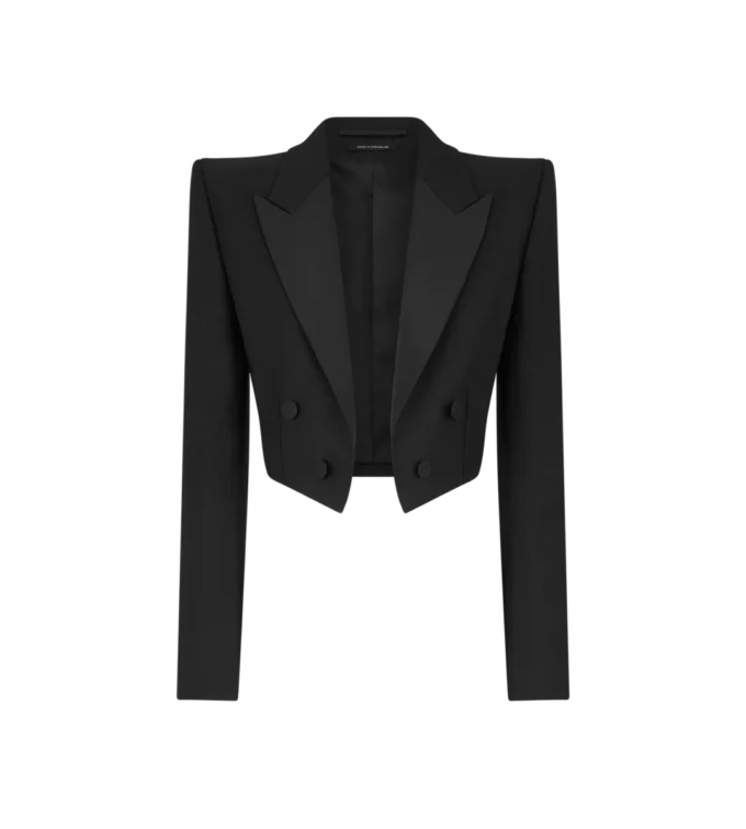 Wool Silk Blend Double Breasted Cropped Tuxedo Jacket
