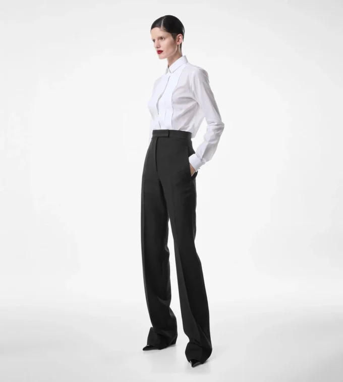 Wool Silk Blend High-Waisted Tuxedo Pants