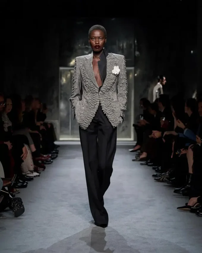 Wool Silk Blend High-Waisted Tuxedo Pants
