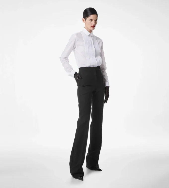 Wool Silk Blend Tailored Tuxedo Straight Pants